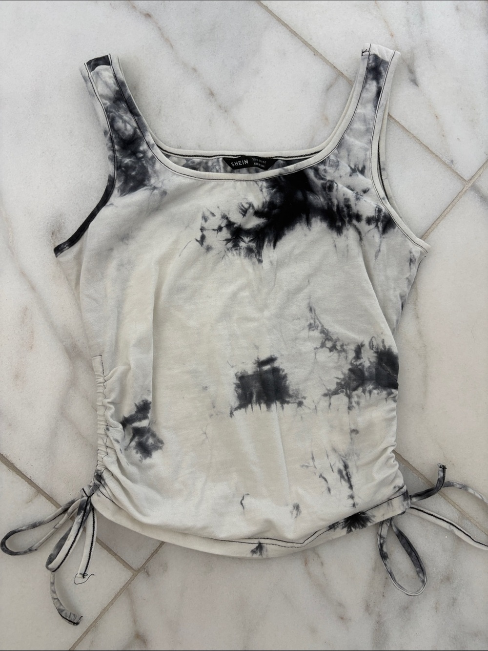 SHEIN Black & White Tie-Dye Side Ruched Tank Top